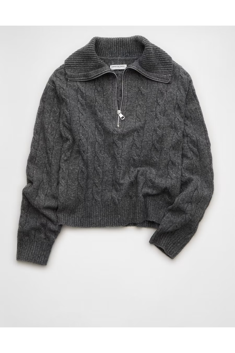 AE Cable-Knit Quarter-Zip Sweater Women's Charcoal Heather Gray M | American Eagle Outfitters (US & CA)