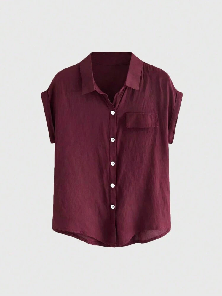 ROMWE Rolled Cuff Button Front Shirt Button Up Shirt, School,Short Sleeve Tops | SHEIN