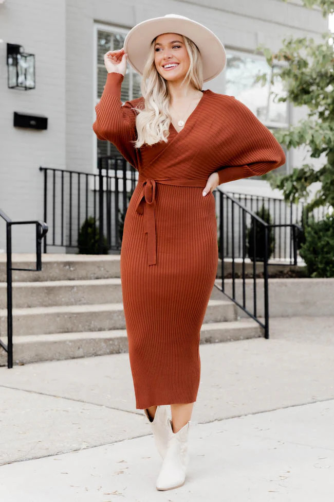 Main Event Burnt Orange Wrap Sweater Dress | Pink Lily