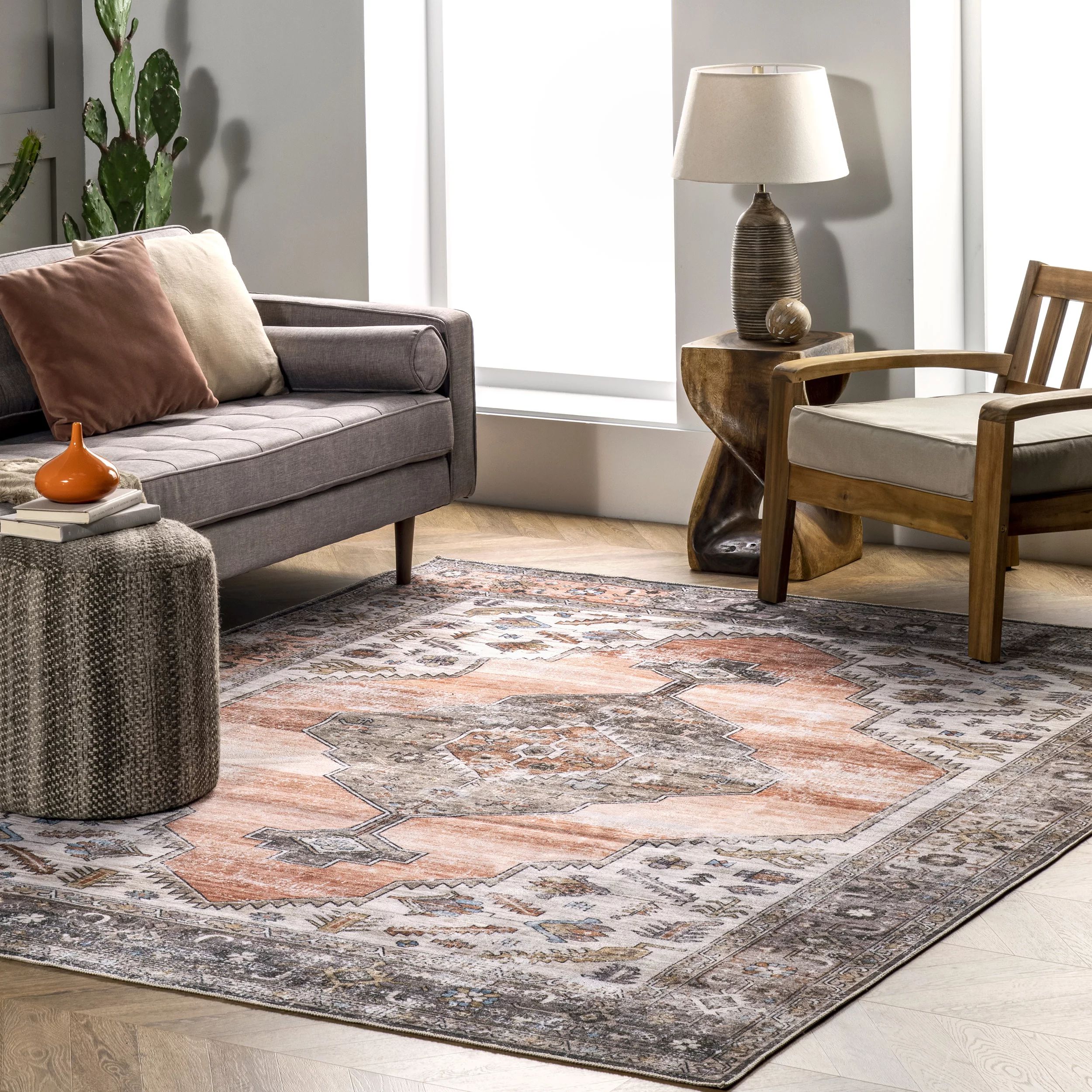 nuLOOM Gracie Machine Washable Distressed Medallion Accent Rug, 3' x 5', Peach | Walmart (US)