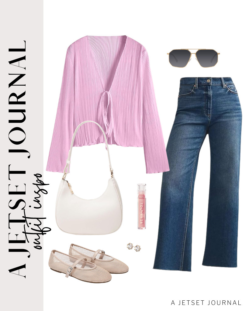 I want to wear this pink deep V-neck front-tie top with wide-leg jeans and ballet flats during one of my travels. It looks cute and perfect for landmarks like botanical gardens or any outdoor scenery. Polarized aviator sunglasses go perfectly with this look. 

 #LTKSeasonal #LTKSaleAlert #LTKTravel