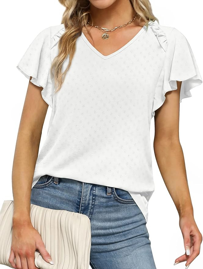 Geifa Women's Chiffon Blouses Dressy Casual Ruffle Tops Short Sleeve V Neck Summer Shirts | Amazon (US)