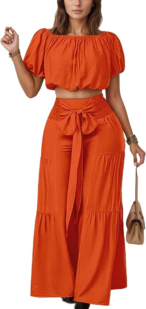 TIAFORD Women's 2 Piece Outfits Short Sleeve Crop Tops High Waist Lace up Casual Wide Leg Pant Se... | Amazon (US)