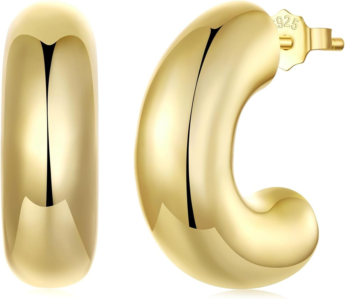 BISAER 925 Sterling Silver Posts Chunky Gold Earrings for Women Non Tarnish, Thick 14K Gold Plate... | Amazon (US)