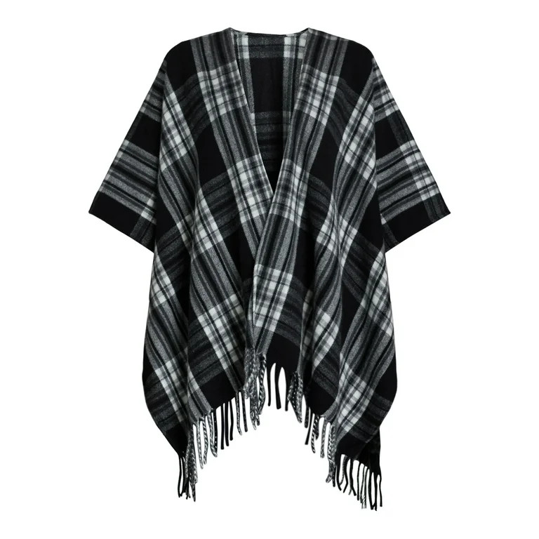 Time and Tru Women's Plaid Fashion Ruana, One Size, Black | Walmart (US)