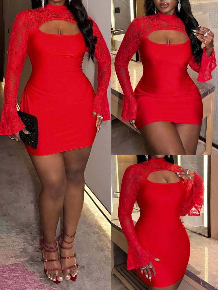 Slaydiva 2025 Sexy Lace Patchwork Bodycon Mini Dress With Flare Sleeves, Plus Size - Suitable For Dates, Parties, Hotels, Nightclubs/Christmas Red Bodycon Dress Red Sexy Dress Red Short Dress Red Long Sleeve Dress Red Curve Dress/Christmas Dress Valentine's Day Outfit | SHEIN