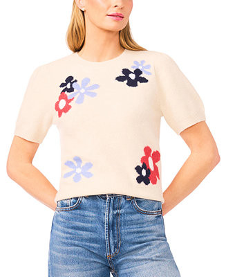 CeCe Women's Crewneck Flower Patterned Knit Short-Sleeve Sweater - Macy's | Macy's