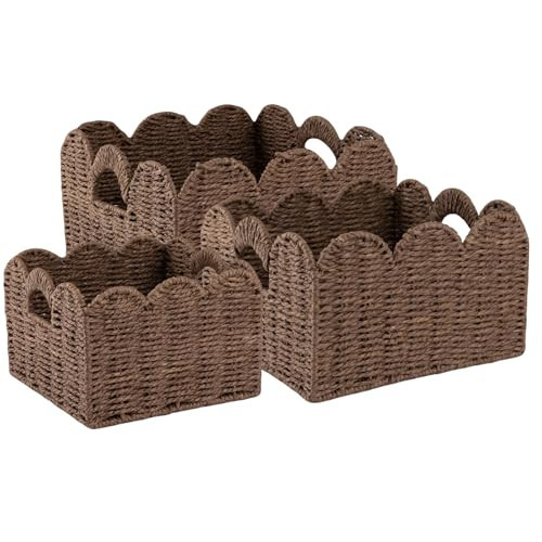 OIAHOMY Scalloped Wicker Baskets, Hand-woven Storage Baskets with Built-in Handles, Paper Rope Shelf Baskets for Organizing and Decoration, Set of 3-Brown | Amazon (US)