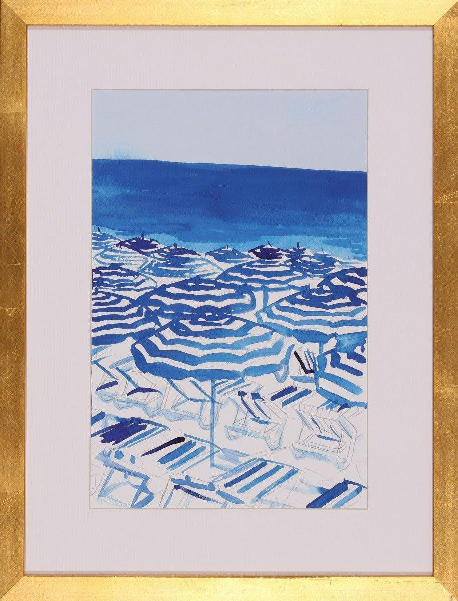 Blue & White Beach Umbrella Beachy Keen Print in Gold Frame | The Well Appointed House, LLC