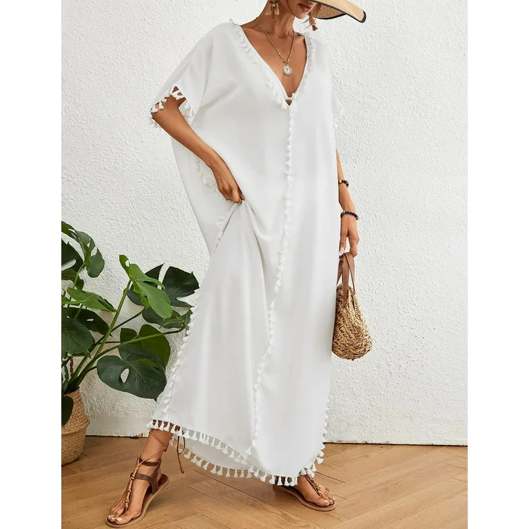 Bsubseach Women V Neck Maxi Swimsuit Cover Up Tassels Kaftan Summer Outfits ， Short Sleeve | Walmart (US)