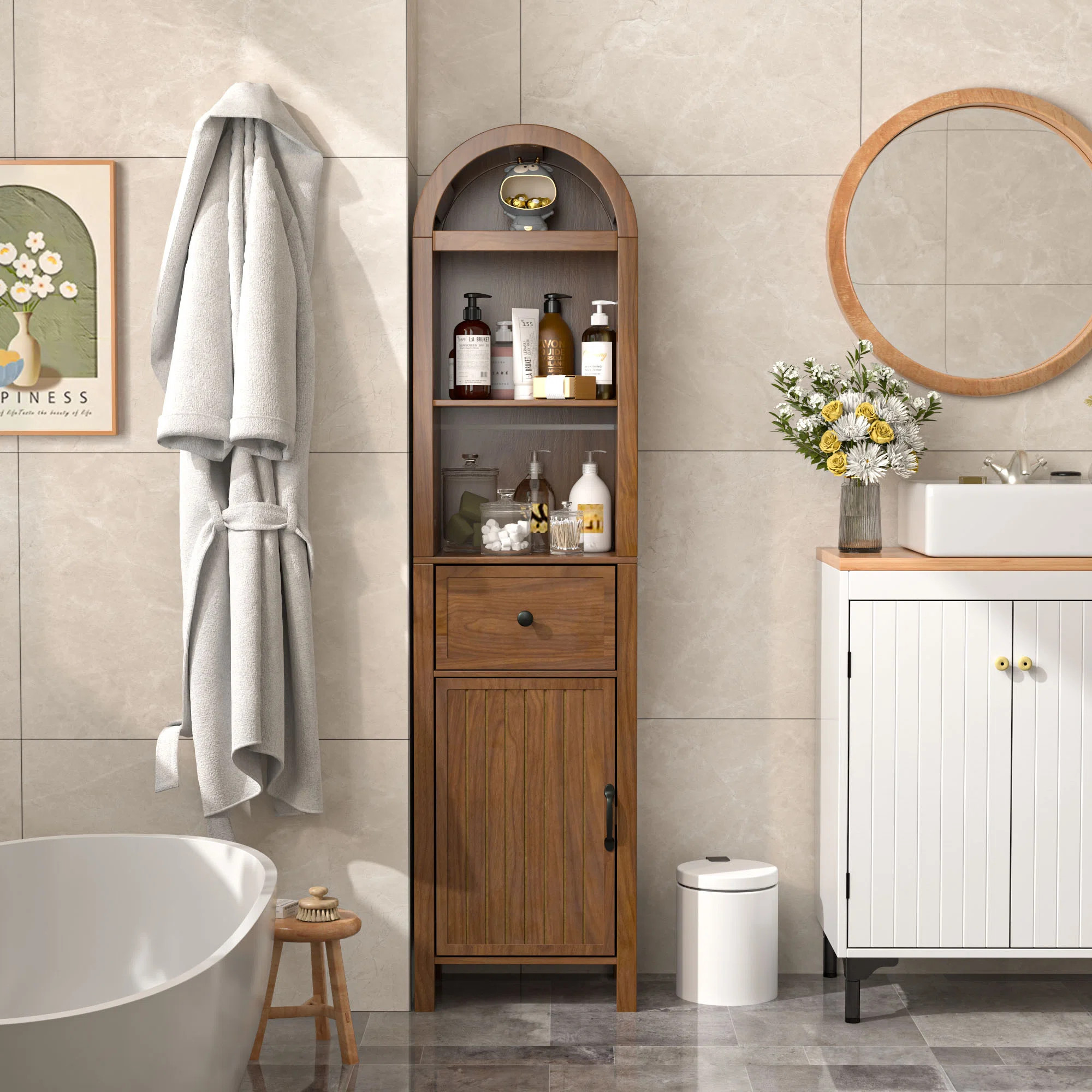 Freestanding Bathroom Cabinet, Narrow Tall Bathroom Storage Cabinet With Fluted Doors And Drawers | Wayfair North America