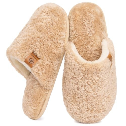 EverFoams Women's Fuzzy Slip-on Slippers Warm Cozy Soft Lightweight Memory Foam Indoor House Shoes Sand, 7-8 US | Amazon (US)