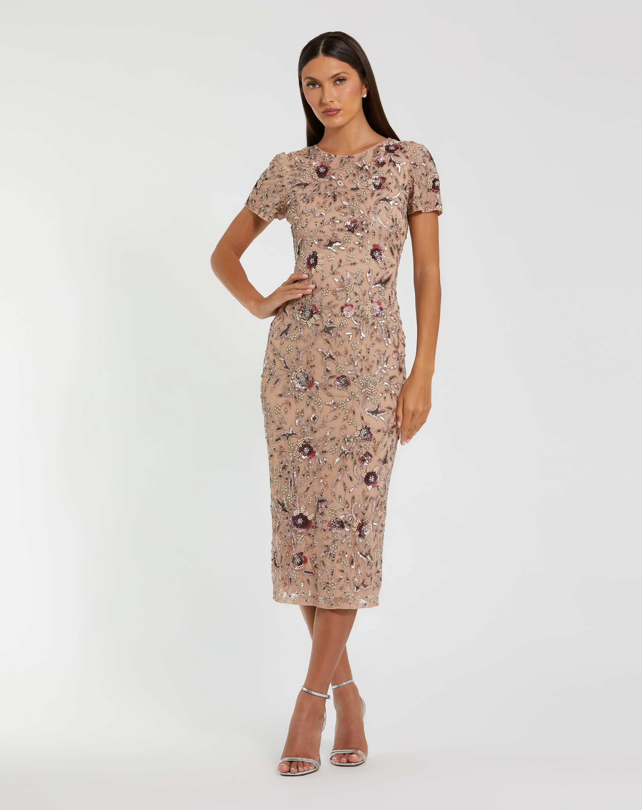 Beige Floral Embellished Short Sleeve Midi Dress | Mac Duggal