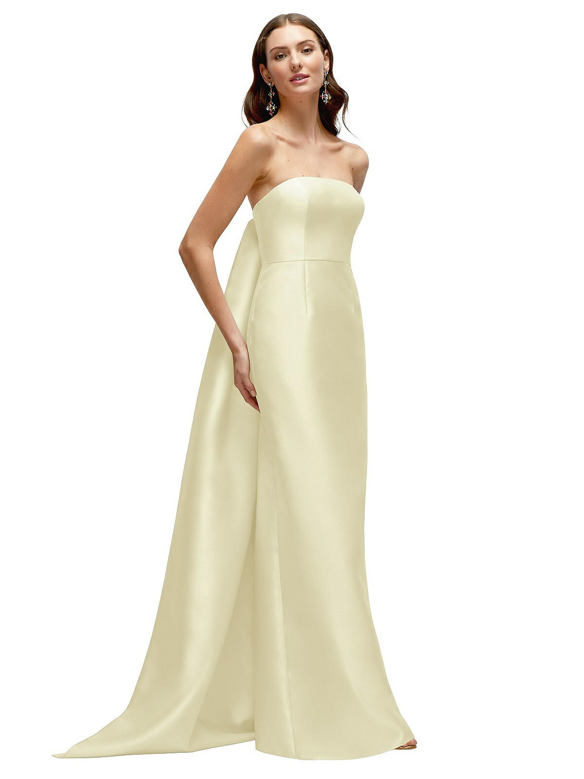 Strapless Satin Column Dress with Removeable Watteau Train in Butter Yellow | Dessy Group