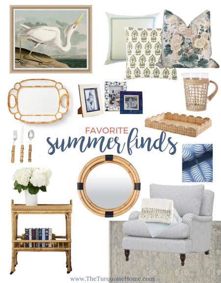 Pretty blues and coastal vibes for summer decor!! Heron art, floral pillow cover, block print pillow cover, melamine platter, blue and white picture frames, scallop wicker tray, bamboo flatware, cane bar cart, round mirror, blue striped arm chair, wallpaper.

#LTKhome #LTKsalealert #LTKSeasonal