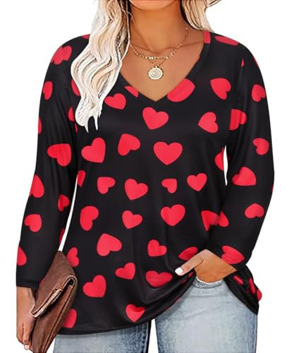 CARCOS Womens Plus Size Tops for Valentine's Day Day 4X Black Red Heart Shirts V Neck Long Sleeve Tunics Casual Blouse Loose Fit Pullover for Fall 4XL 24W 26W | Amazon (US)