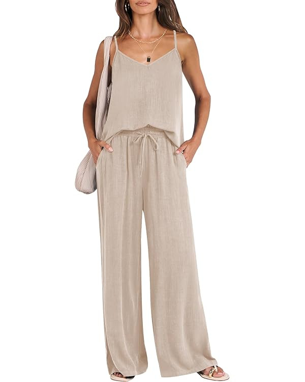 ANRABESS Women's 2 Piece Linen Lounge Set Casual Matching Pants Jumpsuit Summer Beach Travel Vaca... | Amazon (US)