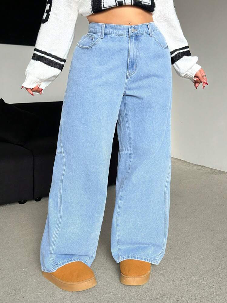 SHEIN EZwear Plus Size Relaxed Fit Straight Leg Blue Boyfriend Jeans | SHEIN