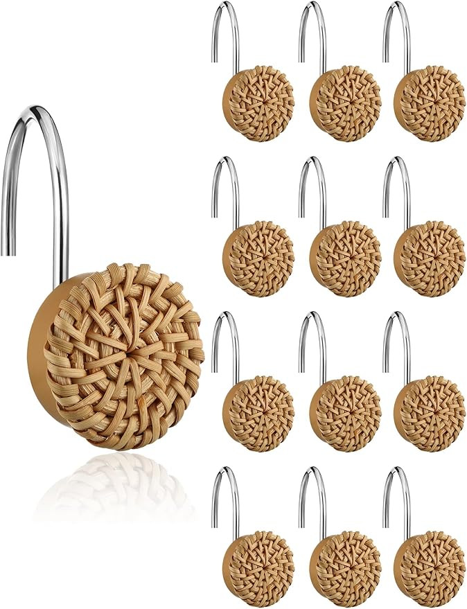 Colingmill 12 Pcs Boho Knots Shower Curtain Hooks Home Decorative Shower Rings Woven Wicker Ratte... | Amazon (US)