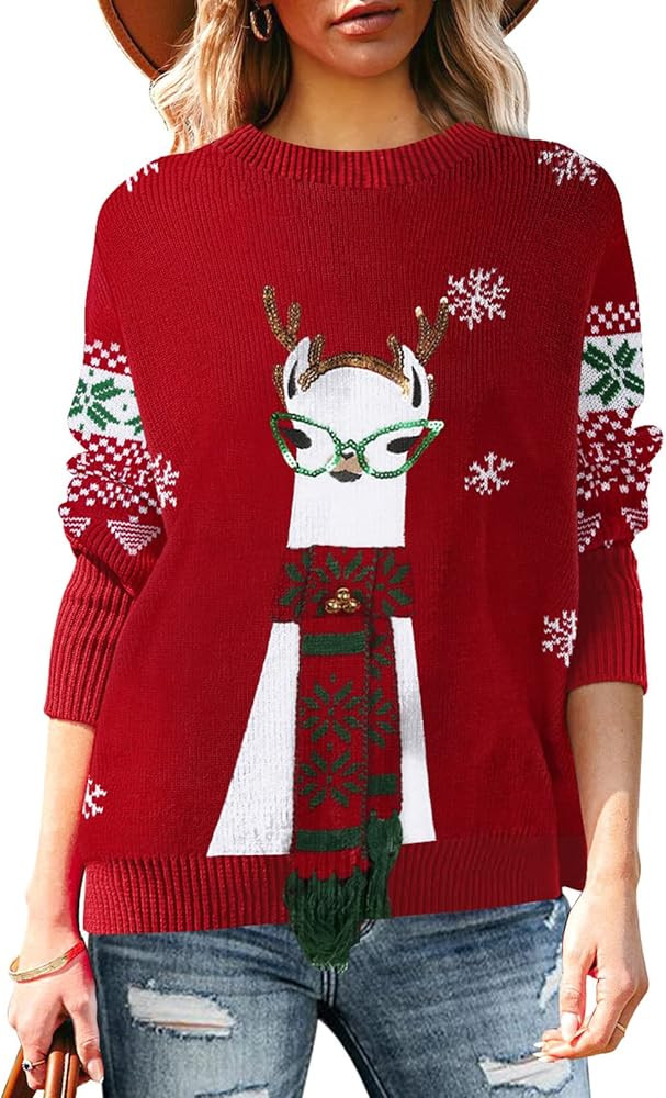 Pink Queen Women's 2025 Ugly Christmas Sweater Long Sleeve Knitted Pullove Xmas Jumpers Tops | Amazon (US)