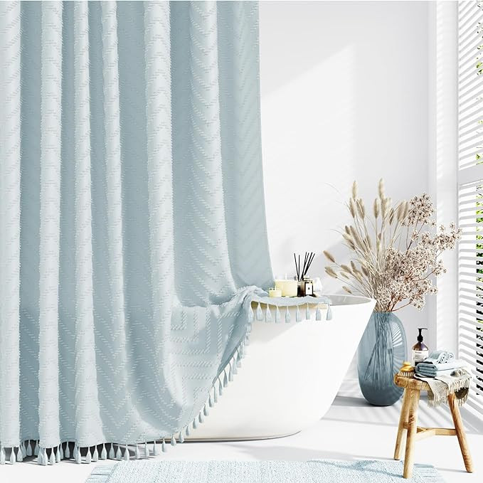 Dynamene Boho Farmhouse Shower Curtain, Fog Blue Fabric Tufted Chevron Striped Textured Tassel Sh... | Amazon (US)