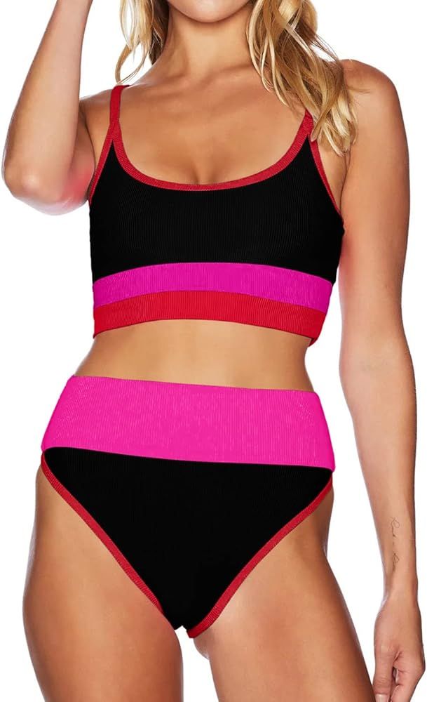LANNEW Womens Two Piece Bikini Sets High Waisted Tummy Control Swimsuit Color Block Bathing Suit | Amazon (US)
