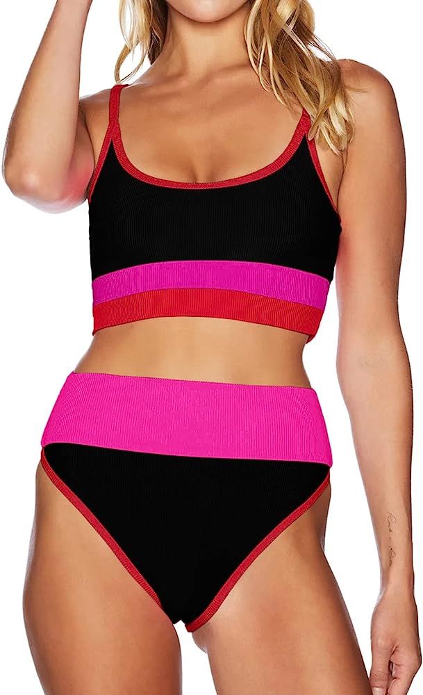 LANNEW Womens Two Piece Bikini Sets High Waisted Tummy Control Swimsuit Color Block Bathing Suit | Amazon (US)