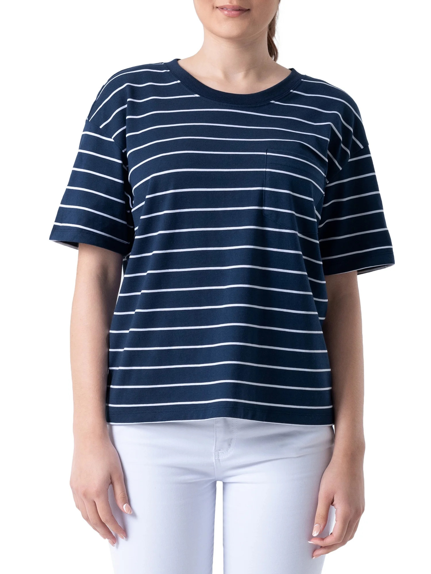 Time and Tru Womens Pima Cotton Boyfriend T-shirt, Striped | Walmart (US)