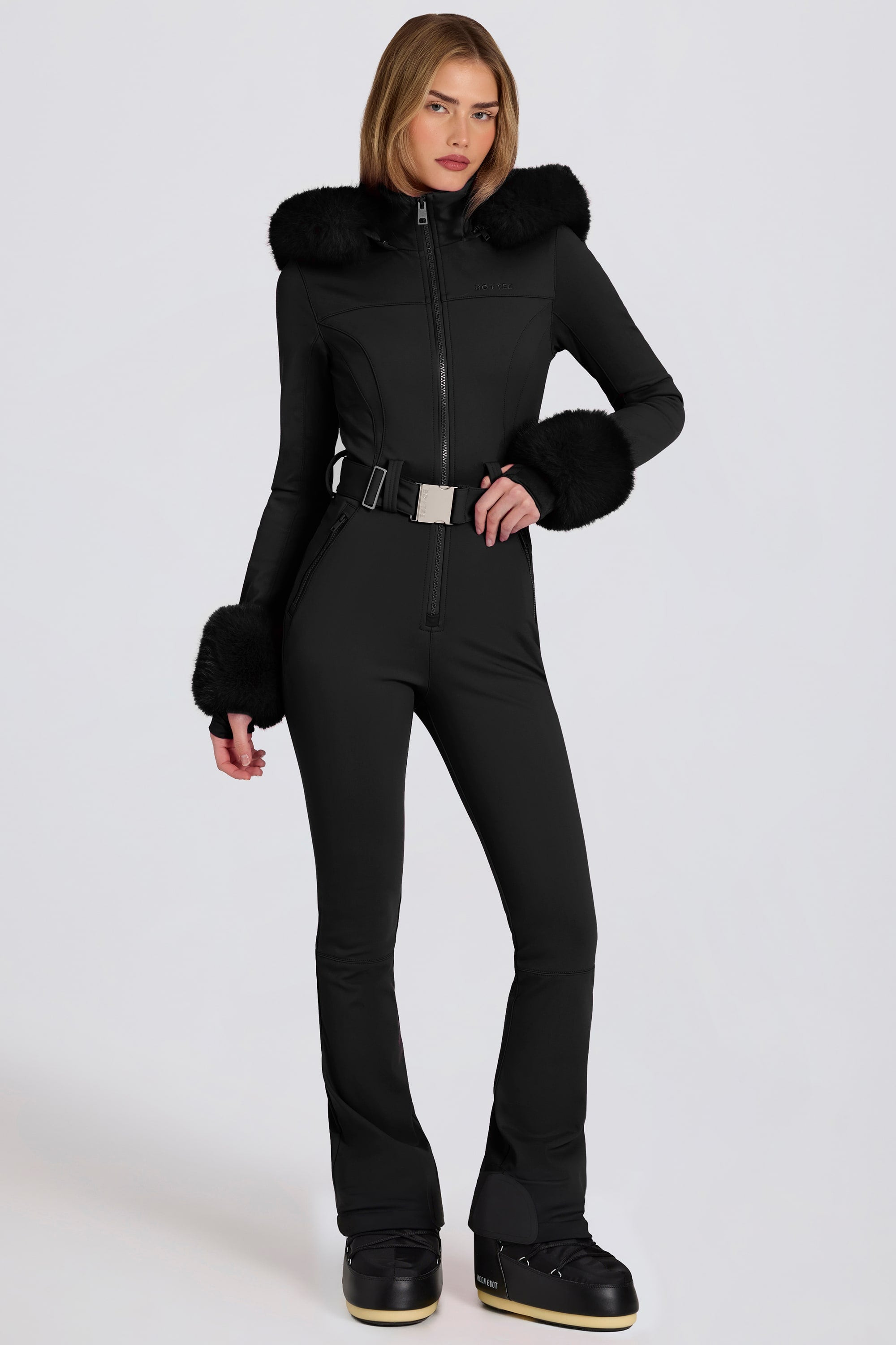 Waterproof Faux-Fur Hood Fitted Ski Suit in Black | Oh Polly