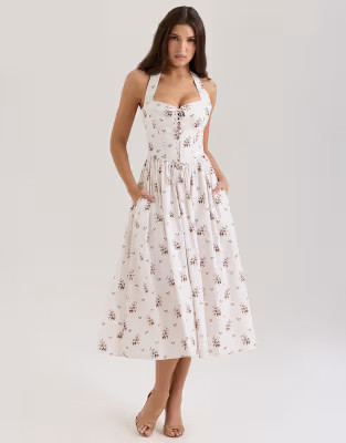 House of CB Emilia stretch cotton halter neck midi dress in cream floral print | ASOS (Global)