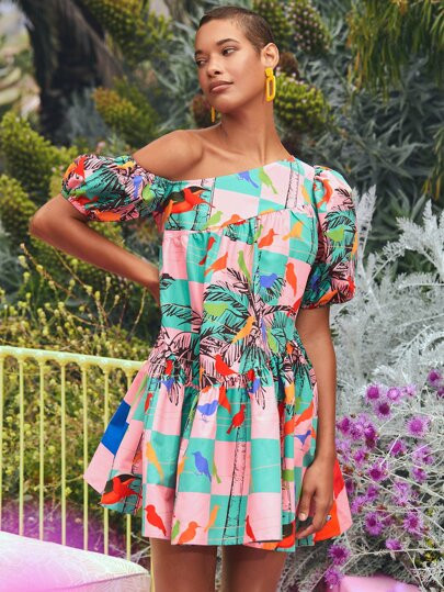 SHEIN X SHAQUITA GARCIA Plaid & Tropical Print Asymmetrical Neck Puff Sleeve Ruffle Hem Smock Dre... | SHEIN