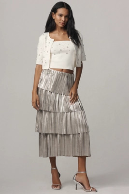 By Anthropologie Metallic Plissé Tiered Midi Skirt | Anthropologie (US)
