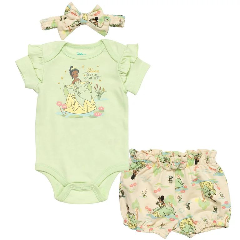 Disney Princess Tiana Infant Baby Girls Bodysuit Shorts and Headband 3 Piece Outfit Set Newborn t... | Walmart (US)