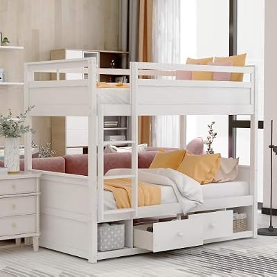 Solid Wood Twin Over Twin Bunk Bed for Kids with Two Drawers and Two Storage,with Ladder and Safe... | Amazon (US)