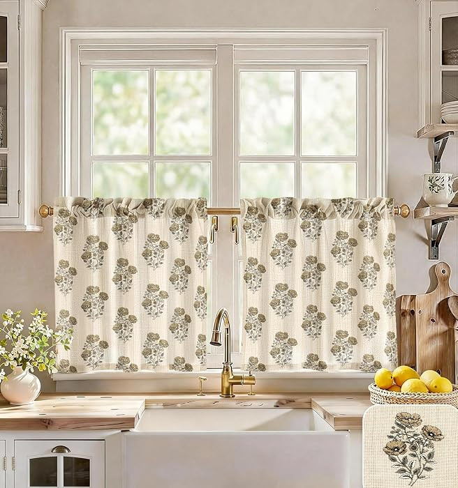 Kitchen Tier Cafe Curtains, 24 Inch Length, Taupe Floral | Amazon (US)