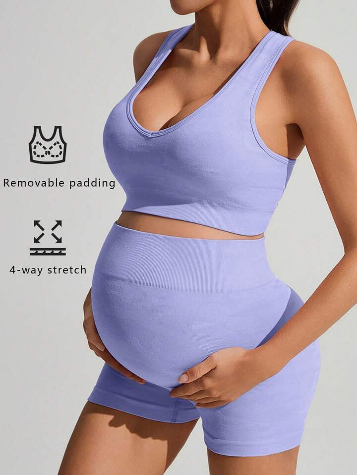 Modmama Maternity Plain Round Neck Sports Bra And Shorts 2pcs Workout Set | SHEIN