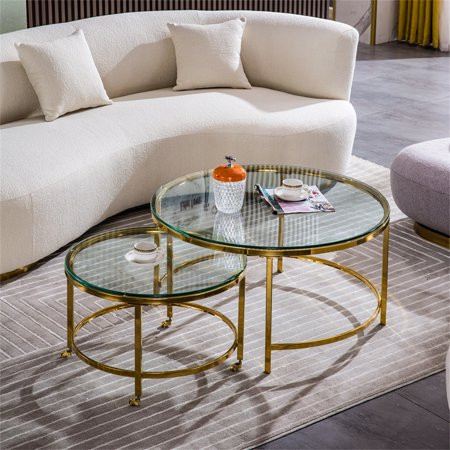 Modern Nesting Coffee Table Set of 2 10mm/0.39 Clear Tempered Glass Round End Table Furniture Living | Walmart (US)
