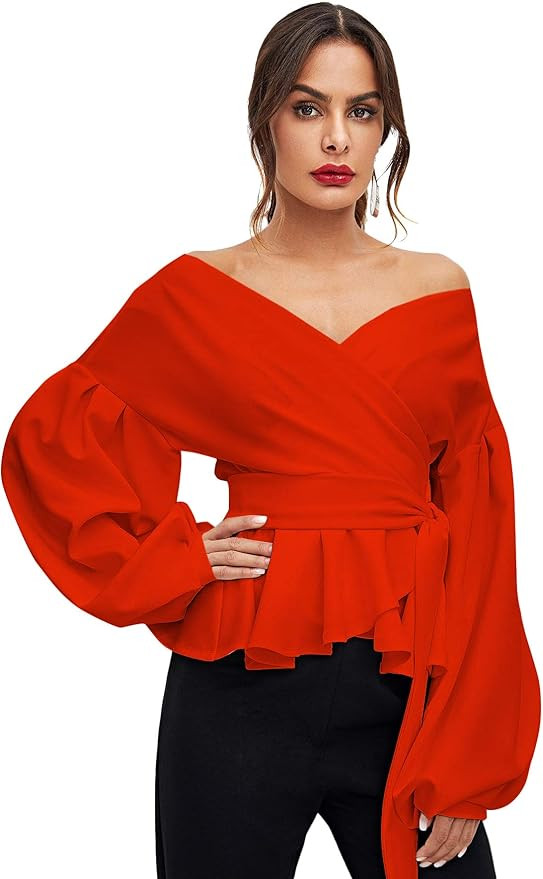 SheIn Women's Long Sleeve V Neck Ruffle Blouse Off Shoulder Tie Waist Wrap Tops | Amazon (US)