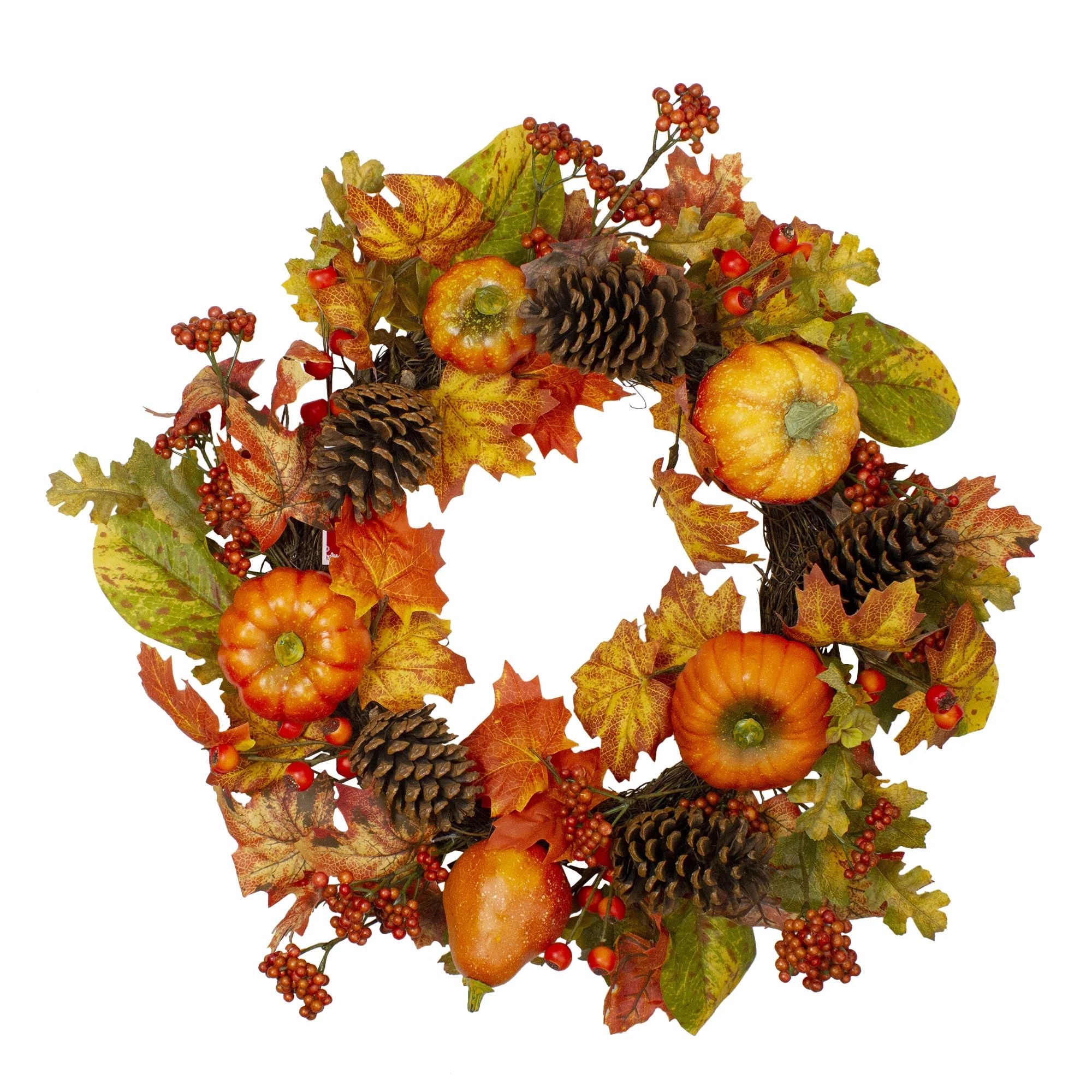 Orange Pumpkins Pine Cones and Berries Fall Harvest Wreath - 24 inch Unlit | Walmart (US)