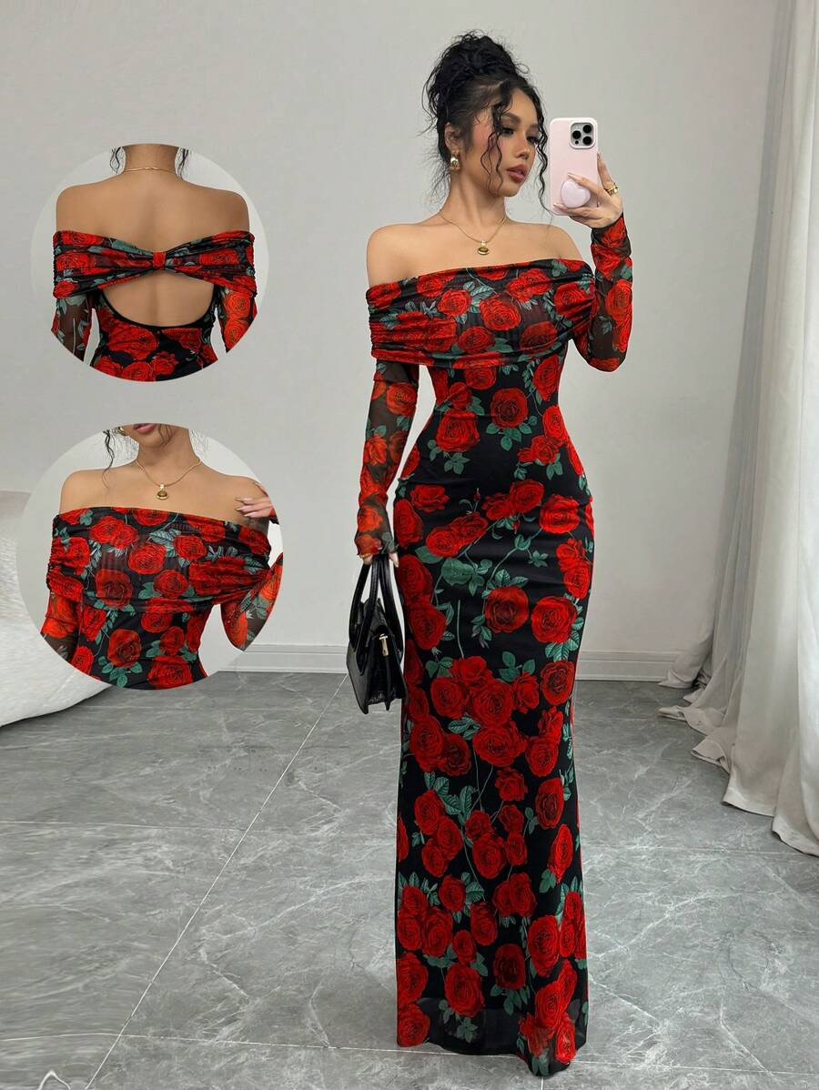 Selianne Elegant Rose Print Off Shoulder Dress, Fall New Year Valentine's Day Wear For Women | SHEIN