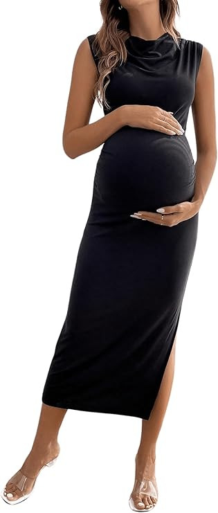 MakeMeChic Women's Maternity Ruched Sleeveless Tank Dress Split Bodycon Pregnancy Midi Dresses | Amazon (US)