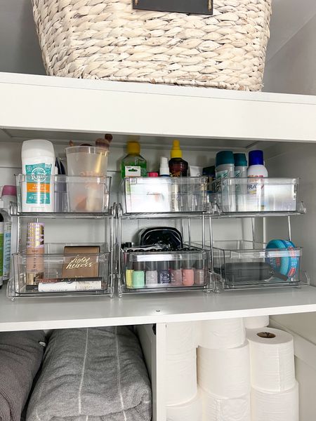 These organizers for our bathroom cabinet are pristine and I have never felt more organized! The drawers pull out and you can remove/add dividers in each shelf! 