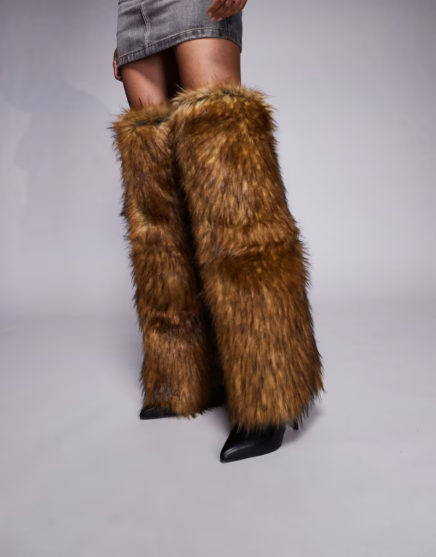 Azalea Wang Langdon faux fur heeled knee boots in brown | ASOS (Global)