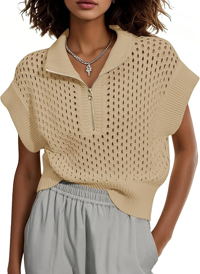 Womens Hollow Out Sweater Vest Summer Casual Quarter Zip Cap Sleeve Crochet Knit Tops | Amazon (US)