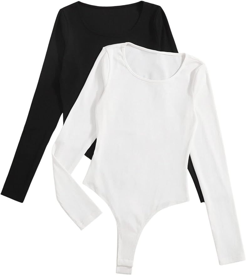Milumia Women's Two Pieces Scoop Neck Long Sleeve Solid Skinny Basic Bodysuit | Amazon (US)