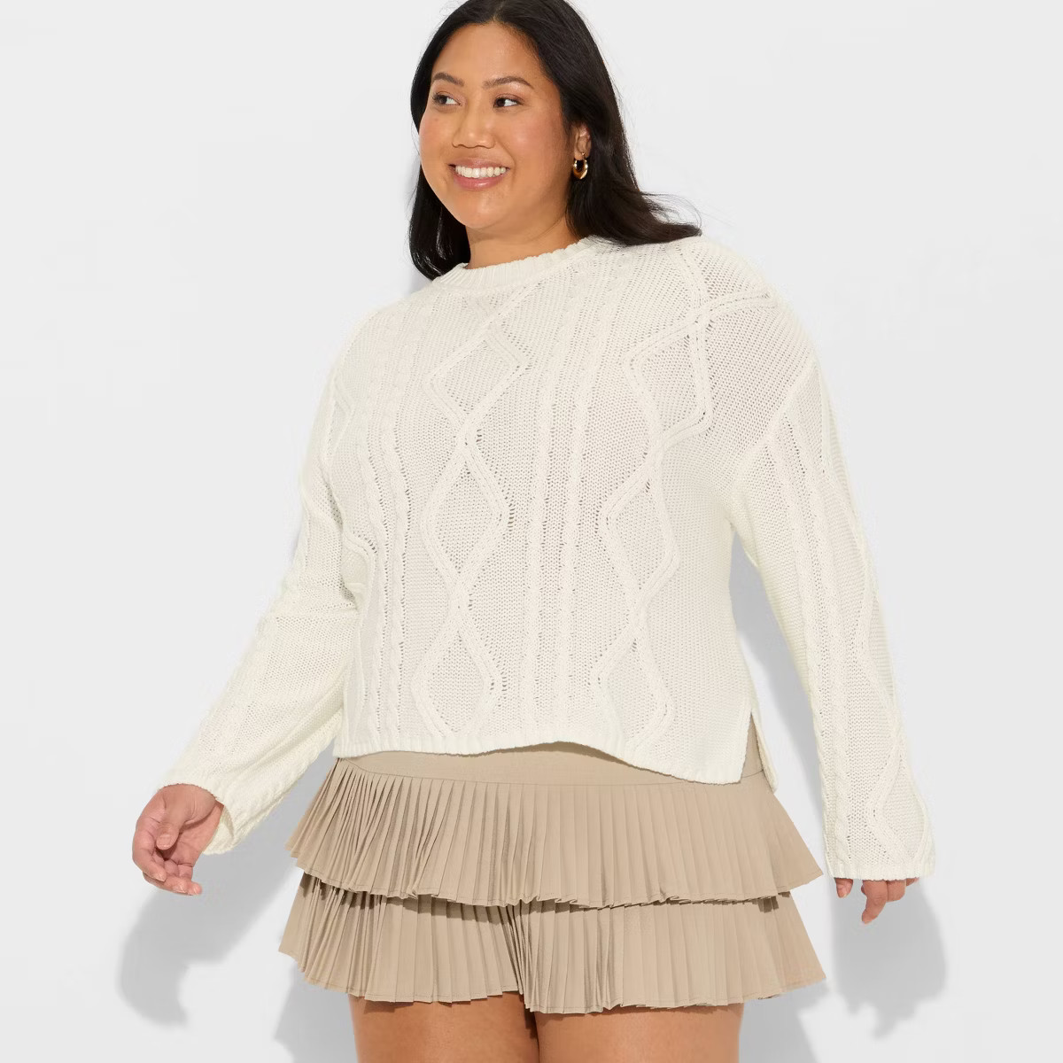 Women's Crewneck Cotton Cable Pullover Sweater - Wild Fable™ Cream XXL | Target