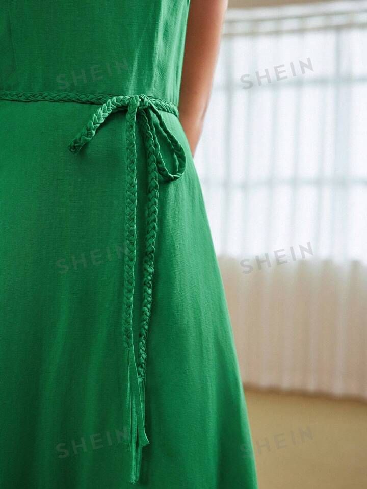 MOTF PREMIUM LINEN SOLID NOTCH NECK BELTED DRESS | SHEIN