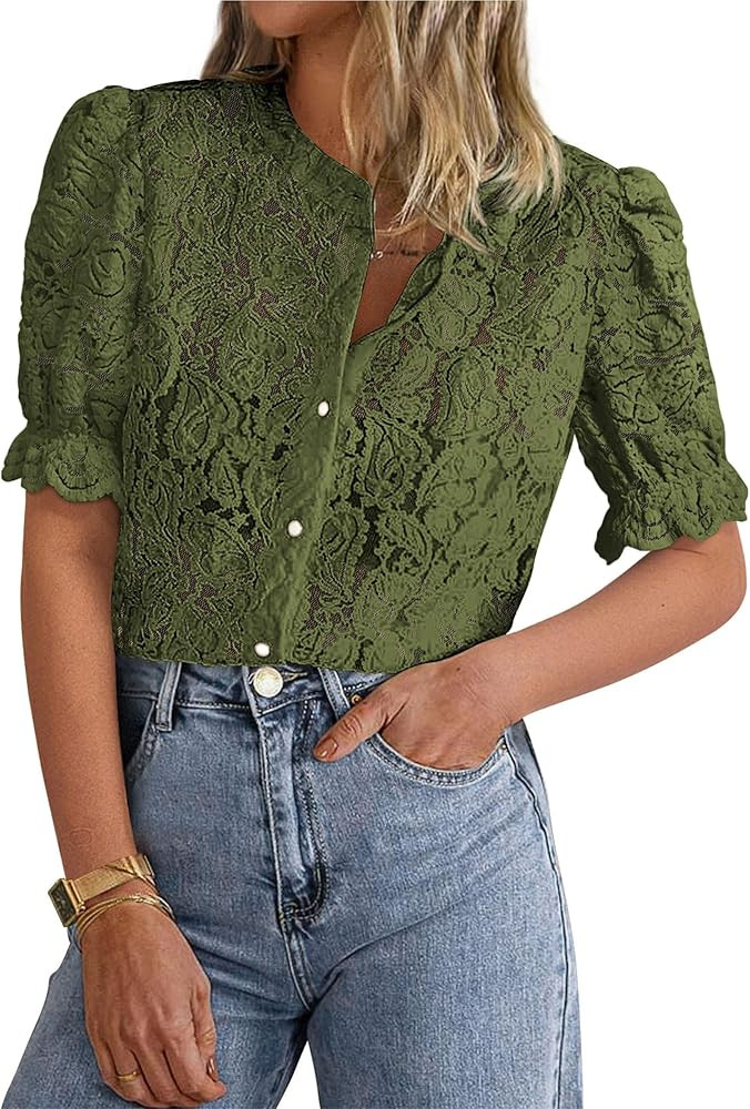 PRETTYGARDEN Womens 2026 Spring Lace Tops Short Puff Sleeve Casual Dressy Blouses Eyelet Crew Nec... | Amazon (US)