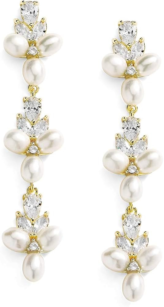 Mariell Freshwater Pearl Gold Dangle Bridal and Wedding Earring with Cubic Zirconia Crystal, Prom... | Amazon (US)