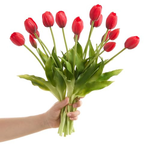 Amore Florals 15 Pcs Hot Red Tulips Artificial Flowers Faux Tulips Real Touch Latex Fake Flower Bouquet for Spring Wedding Home Décor Centerpiece Arrangements | Amazon (US)